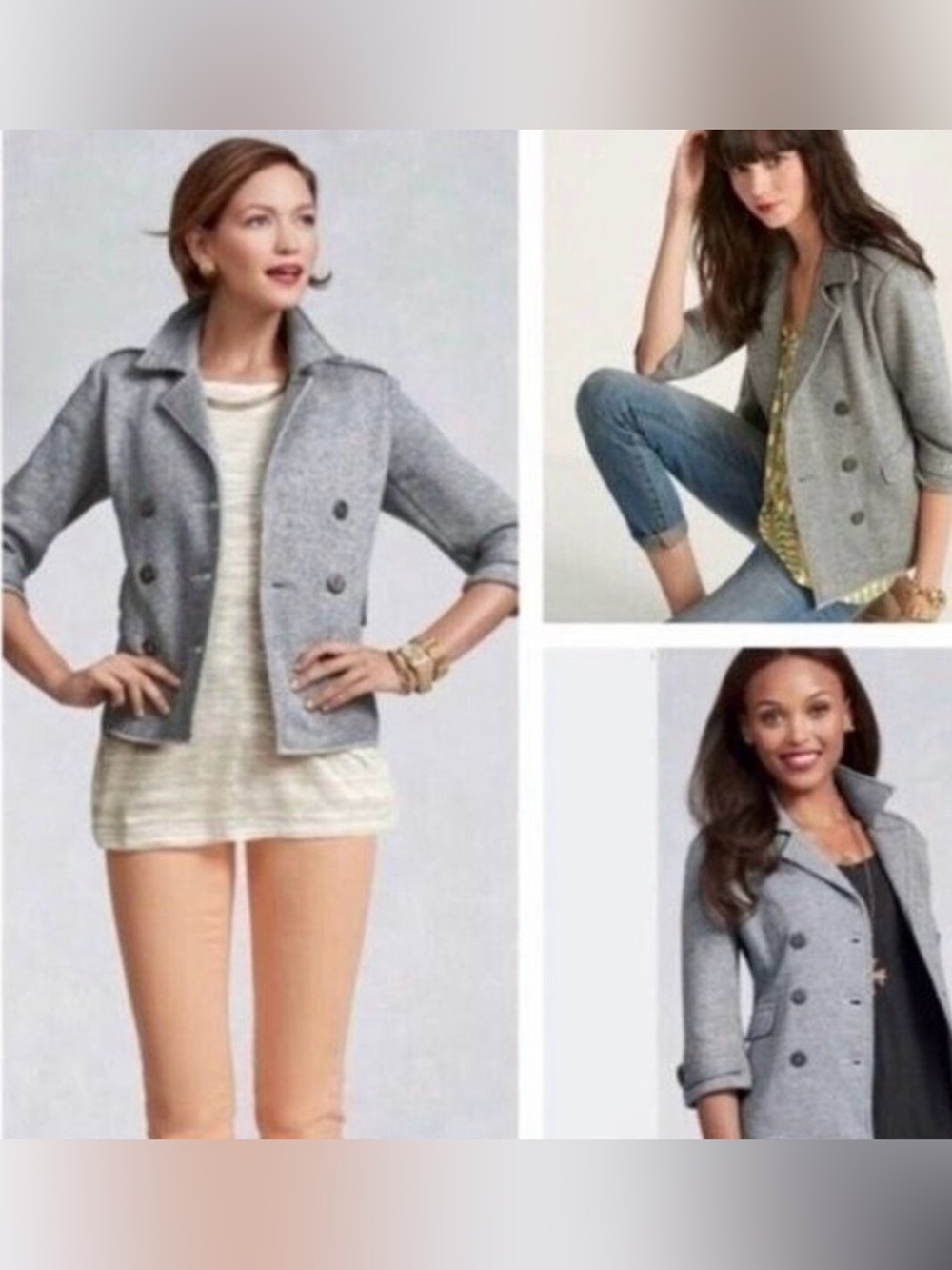 CAbi Shrunken Peacoat #393 Heather Gray Double-Breasted Cropped Knit Jacket Sz L